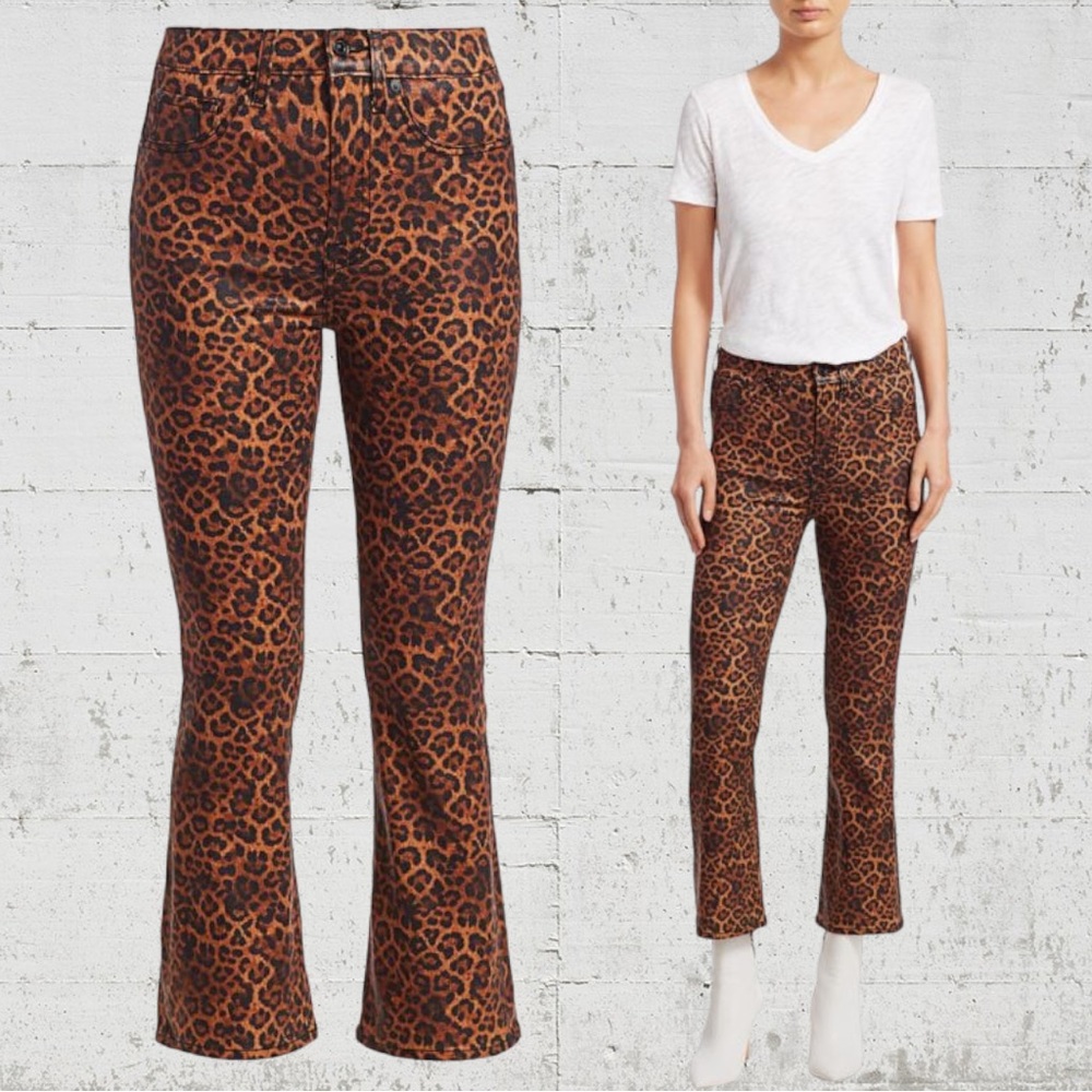 7 For All Mankind Leopard Coated High Rise Slim Fit Kick Flare Jeans 24 - Picture 1 of 8